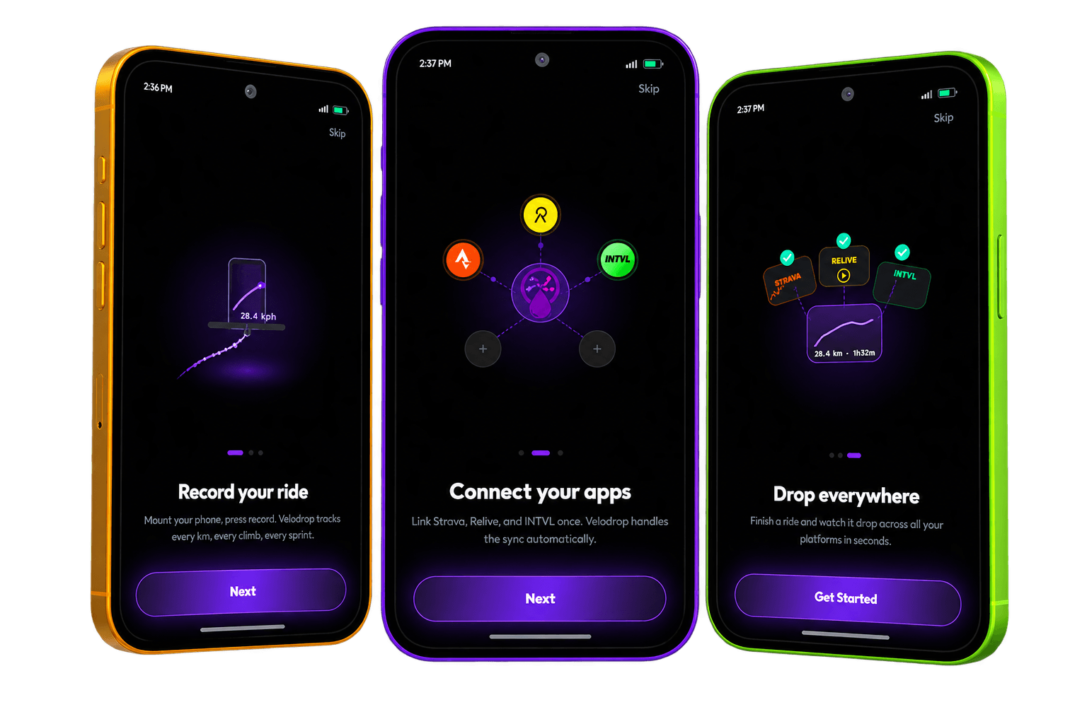 Velodrop onboarding screens